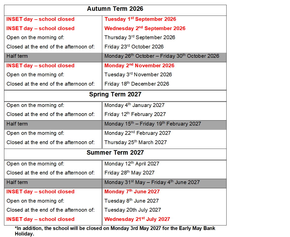 2026 to 2027 Term dates 2026 to 2027